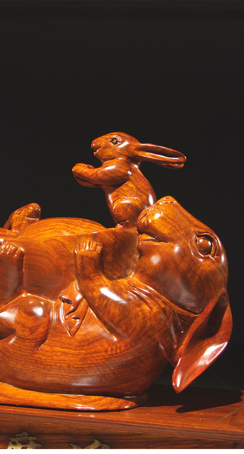 仙莱阁花梨木兔子摆件实木质手工精雕雕刻十二生肖兔木质家居公司办公