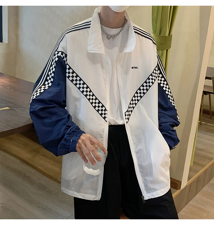 clawmoney棋盘格防晒衣男夏季潮牌港风外套宽松薄款大码防晒服白色m