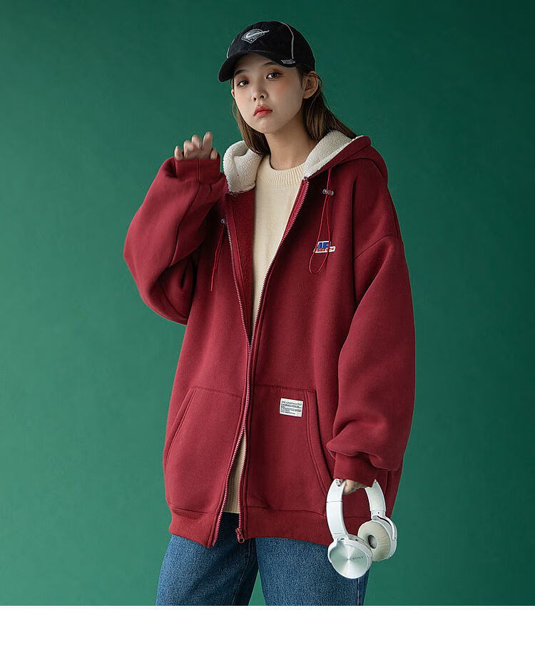 连帽加绒加厚开衫卫衣冬冬季新款简约百搭含棉外套上衣is潮时尚百搭