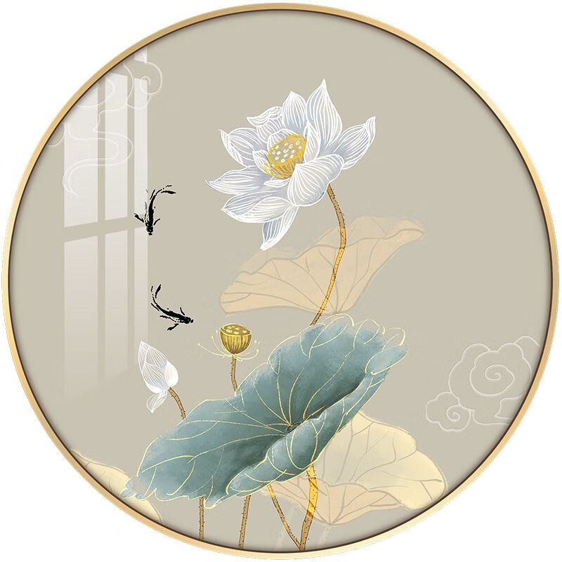 上新装饰字画一新中式装饰画客厅沙发背景墙挂画三联圆形玄关壁画荷花
