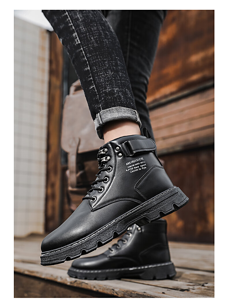 啄木鸟秋季男士马丁靴皮鞋工装靴韩版潮流秋冬季男鞋英伦风潮靴高帮男