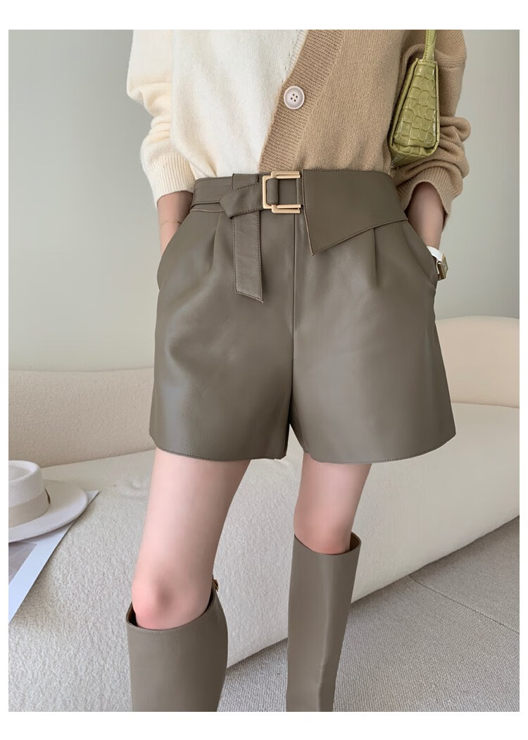 进口小羊皮短裤2022秋新款绵羊皮直筒a字质感百搭时髦真皮皮裤女