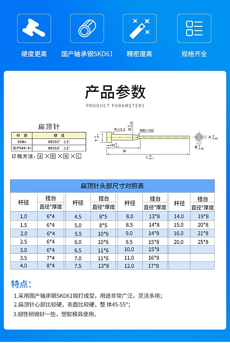模具扁顶针现货扁扁顶杆国产skd61扁销1*1.2*1.5*2*3*4*5*6*200 2.