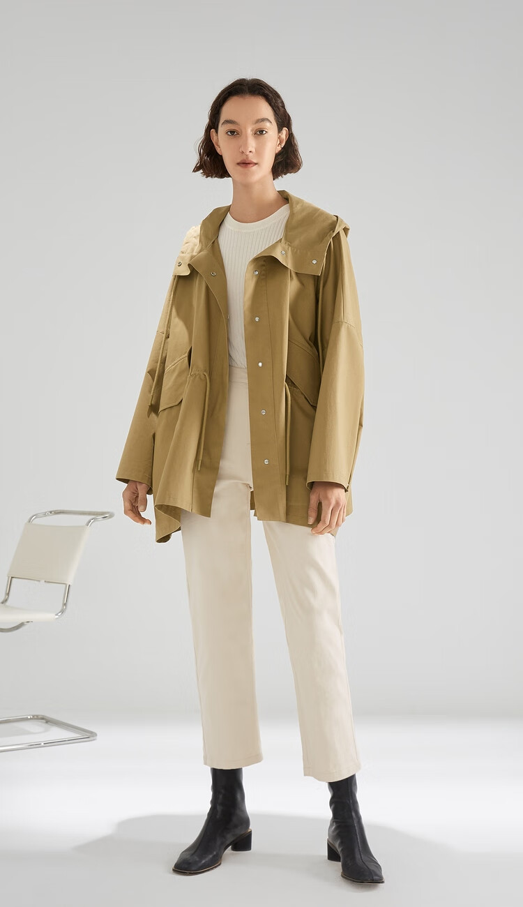 mm麦檬春秋季自然而然通勤中长款纯棉风衣外套女5c2160332芥末绿1608