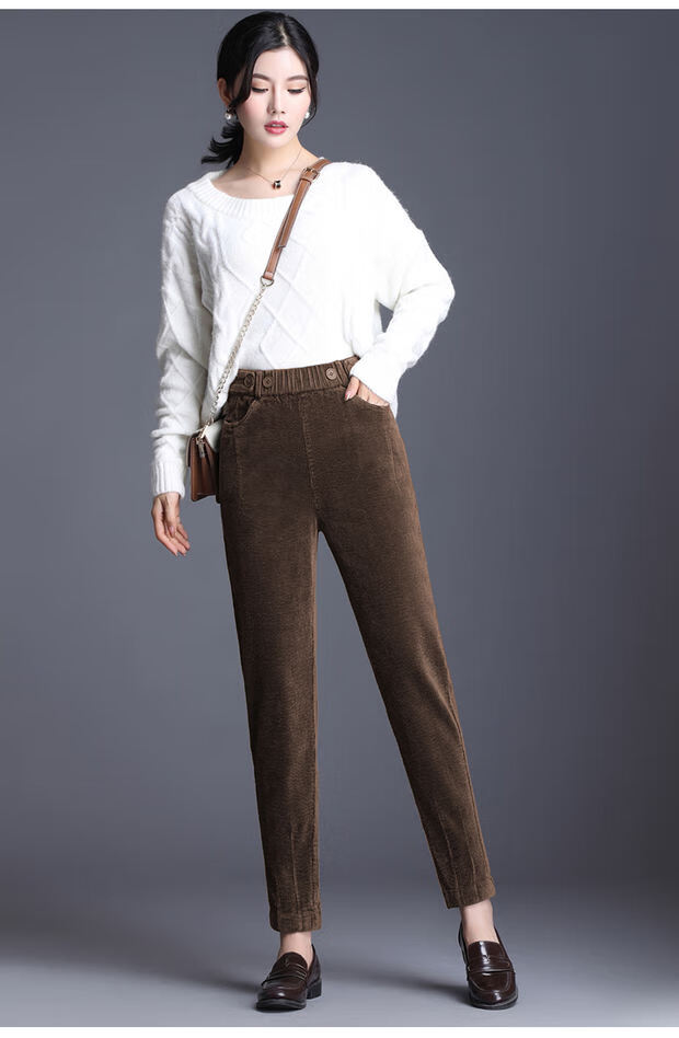 秋冬灯芯绒哈伦裤子高腰萝卜裤子宽松女士加绒小脚条绒裤子子卡其色m