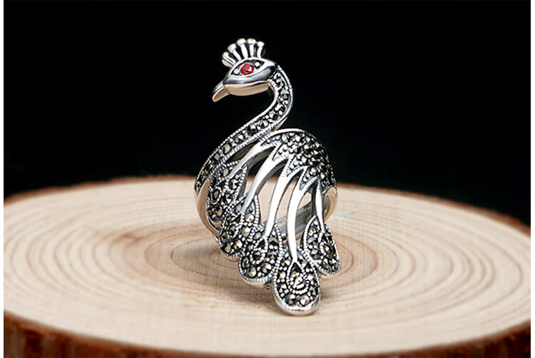 情人节礼物孔雀戒指女s925足银复古个性食指环日韩时尚潮人开口大气