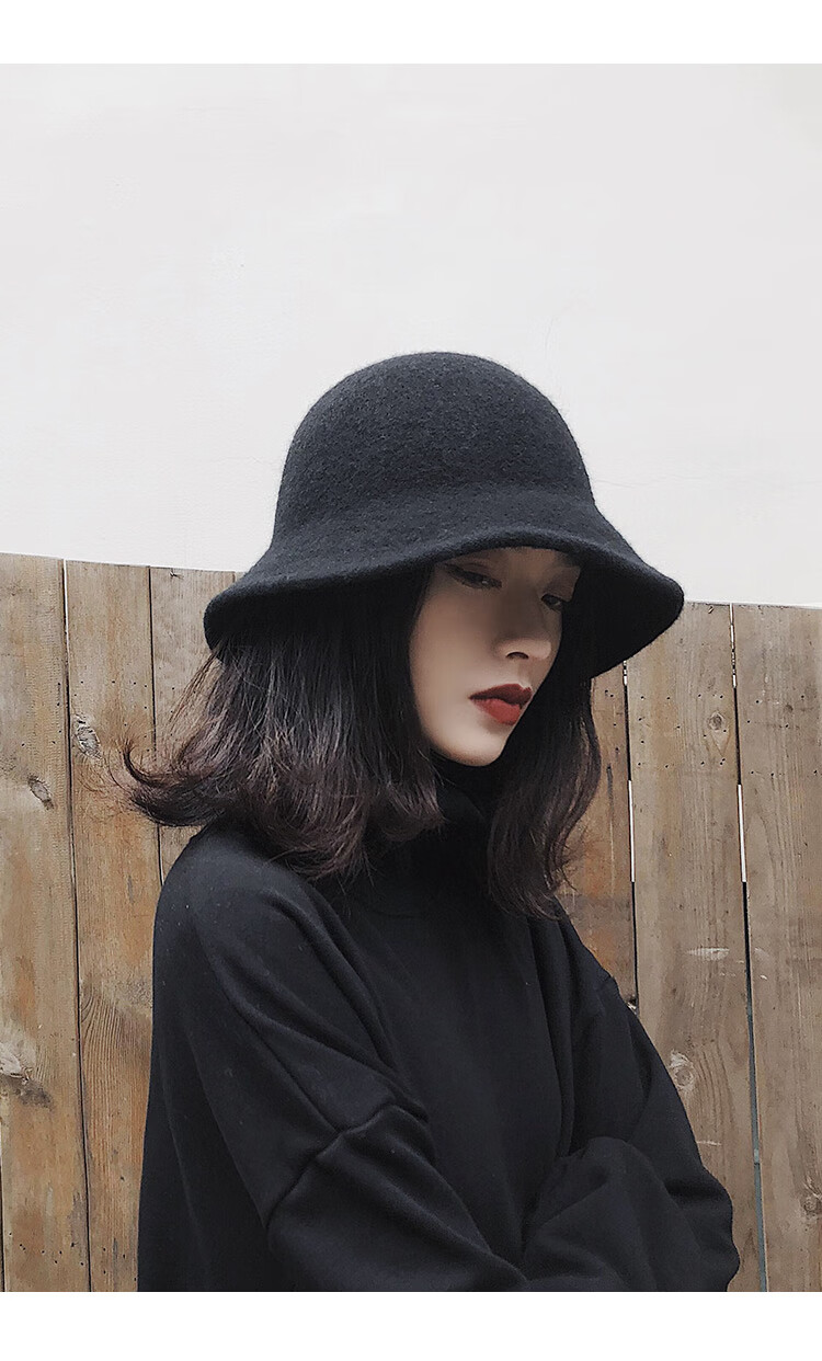 帽秋冬羊毛女黑色日式冬季盆帽显脸小减龄水桶帽保暖 黑色(春夏薄款)