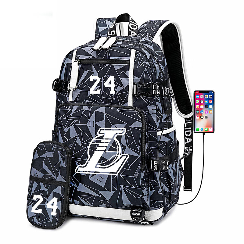 黑曼巴篮球书包学生湖人训练双肩包夜光背包大容量运动包印花黄加笔袋