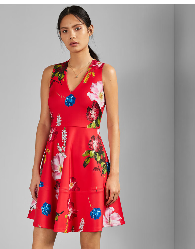 tedbaker女士时尚印花v领无袖高腰a字裙连衣裙红色1