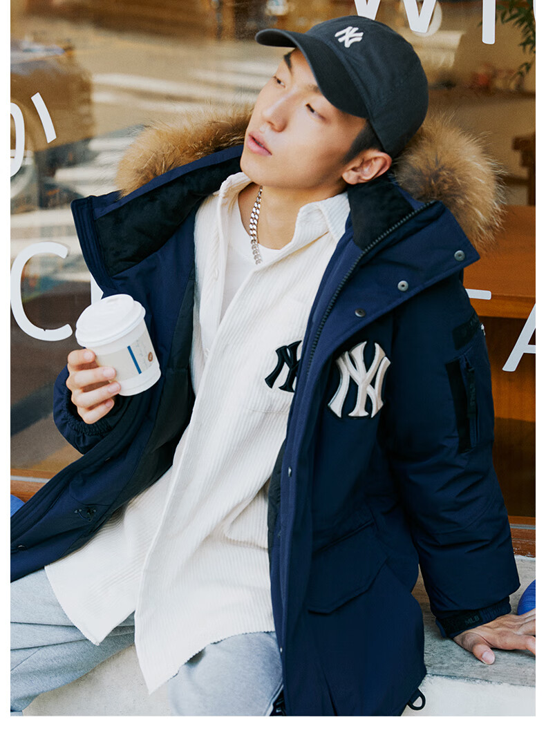 中长款鹅绒保暖羽绒服防风大毛领休闲秋冬djj02 纽约洋基队/象牙色 m