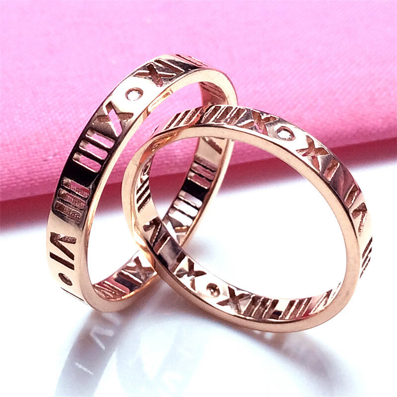 欧凯伦 俄罗斯585紫金罗马数字情侣戒指14k玫瑰金精致镂空指环数字