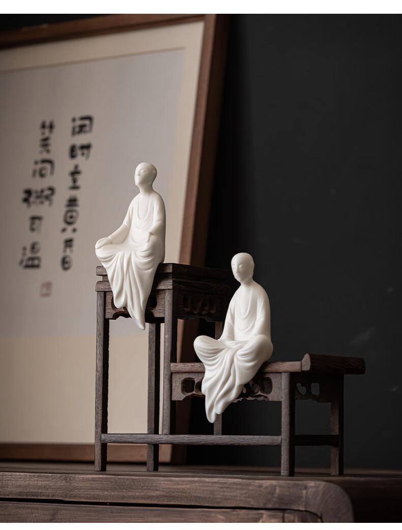 流影禅意陶瓷无相佛德化白瓷人物小和尚盆景鱼缸装饰家居摆件茶道配件