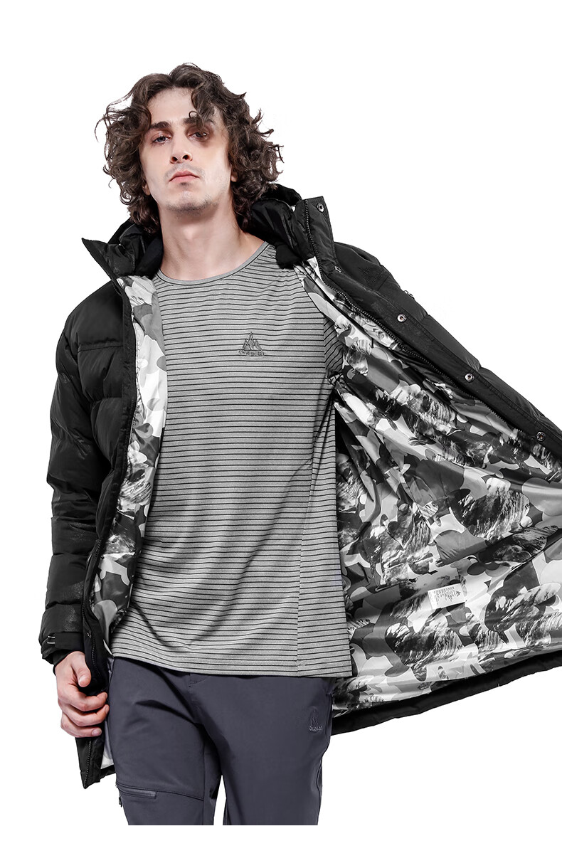 onepolar极地长款羽绒服男冬季户外防风保暖外套加厚天鹅绒防寒服黑色