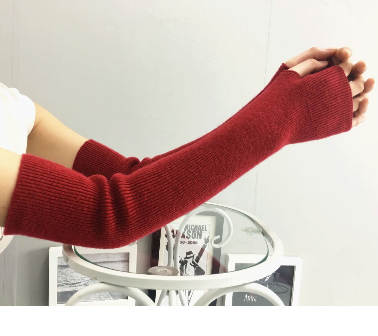 手袜女羊绒手臂套袖套女秋冬长款露指半指手套加厚保暖毛线护肘米白色