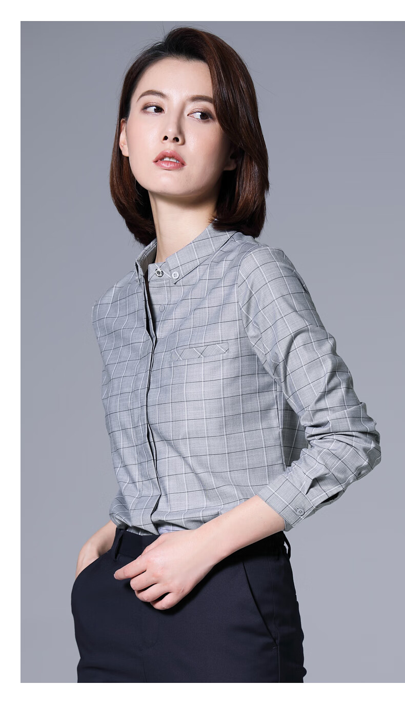 璐丝百丽灰色小格子衬衫女长袖春秋上衣休闲宽松百搭经典职业衬衣灰格