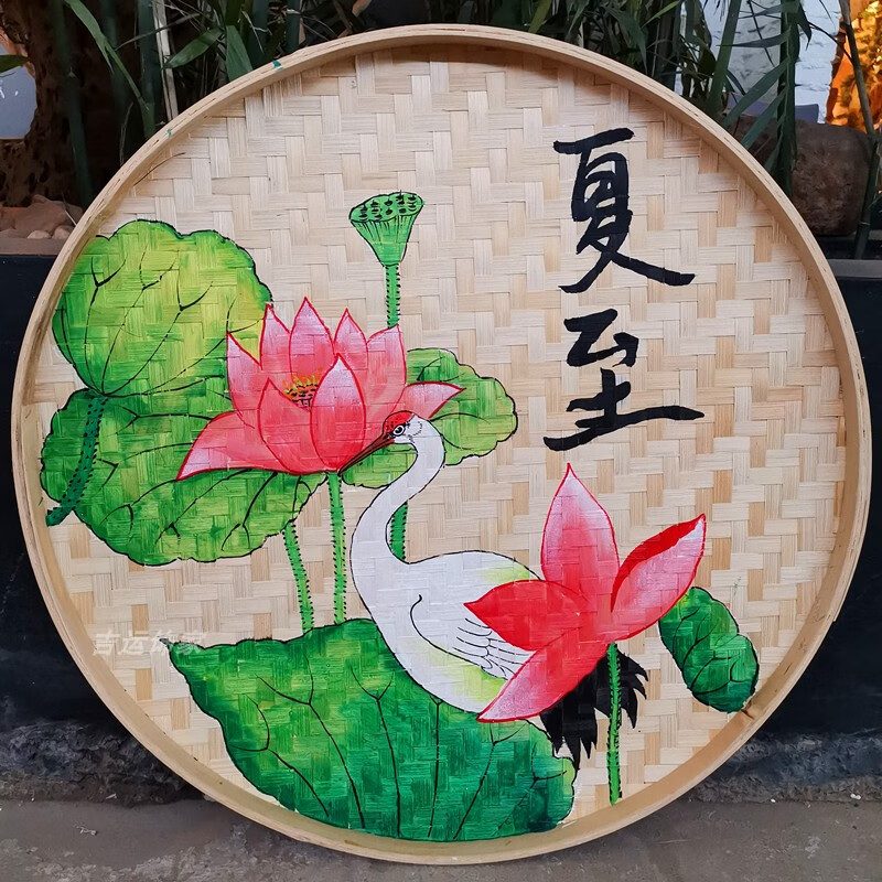 手绘竹编簸箕画二十四节气农家乐挂件幼儿园竹匾乡村背景墙面装饰