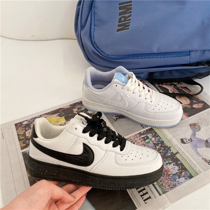 年春季aj女鞋马克笔空军一号板鞋女学生小白鞋情侣休闲运动鞋 深蓝白