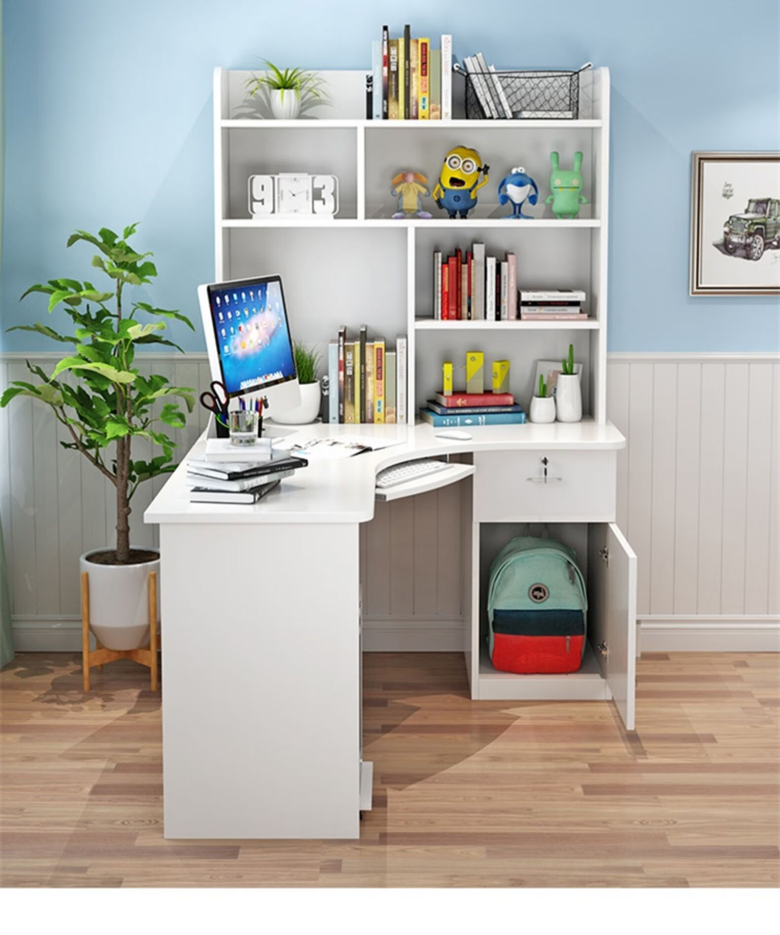 虎先生 实木电脑桌台式书桌家用写字桌书架书柜组合简约转角拐角桌子