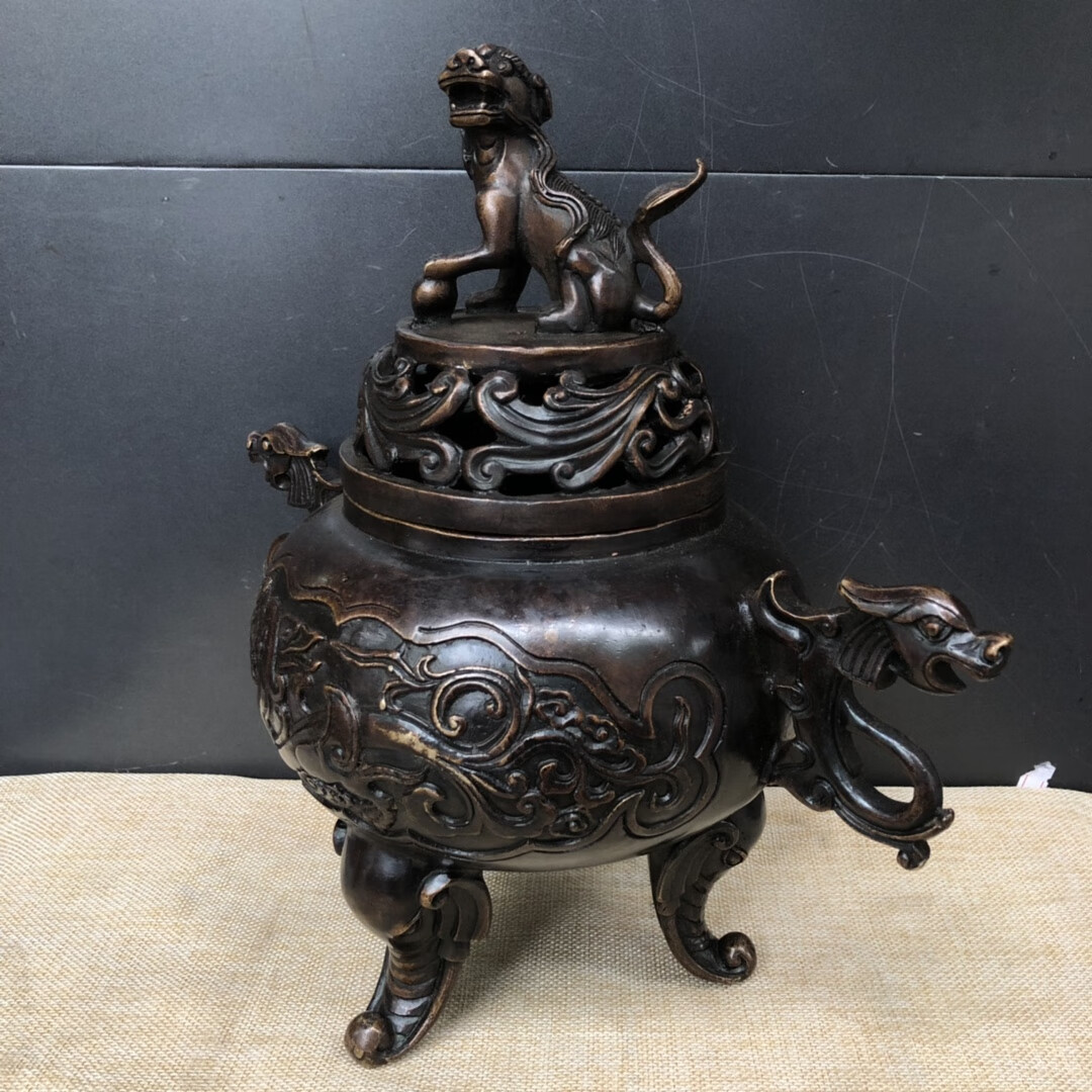 鼎盛福纯铜二龙戏珠熏香炉摆件双龙耳天狗炉纳福家居客厅办公室摆设 c