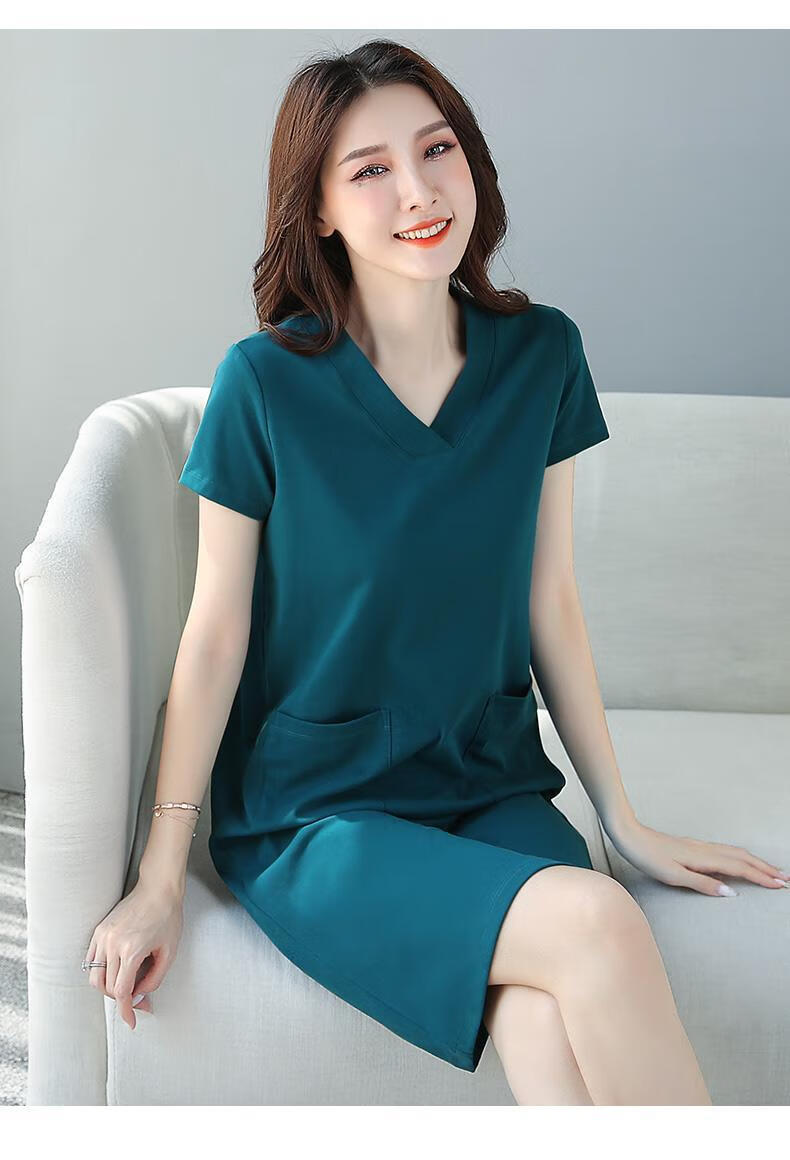 纯棉复古连衣裙韩版v领微胖mm宽松显瘦2020夏季新款中长裙子 孔雀蓝