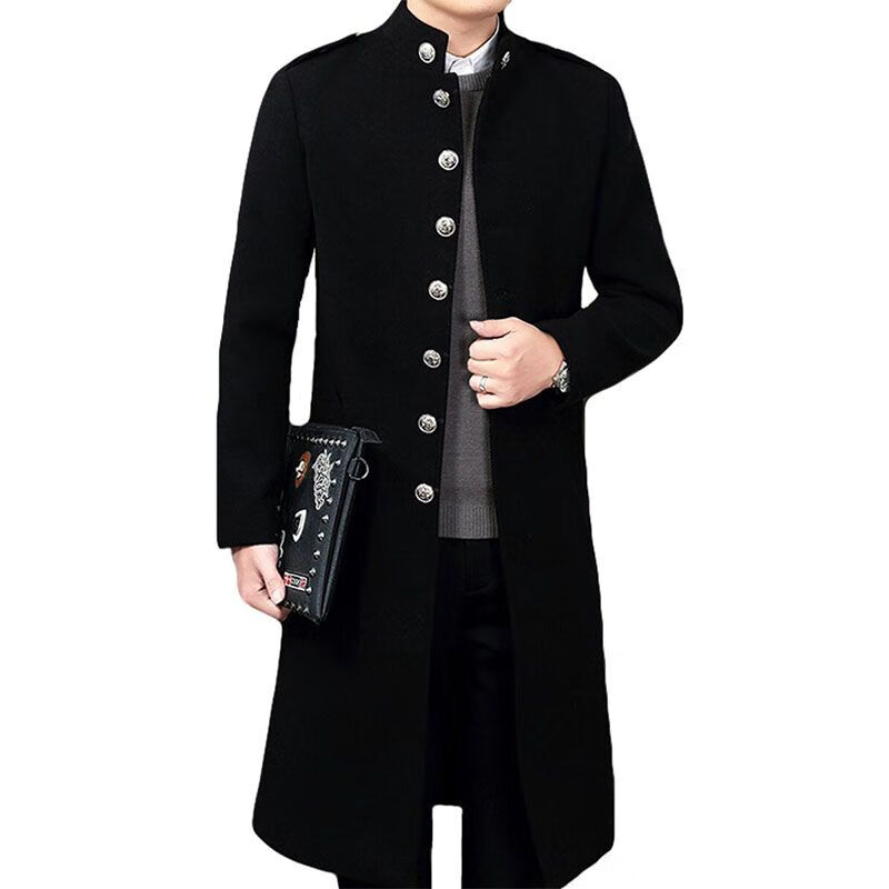 休闲工装长款毛呢大衣男风衣青年修身过膝外套男 y151立领黑色风衣