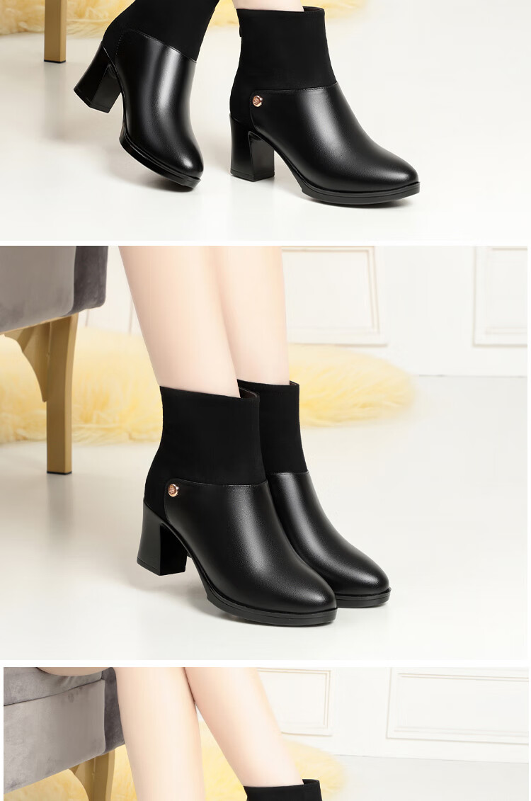 真皮女靴秋冬新款全牛皮加厚女式羊毛靴粗跟短靴时尚后拉链高跟皮鞋