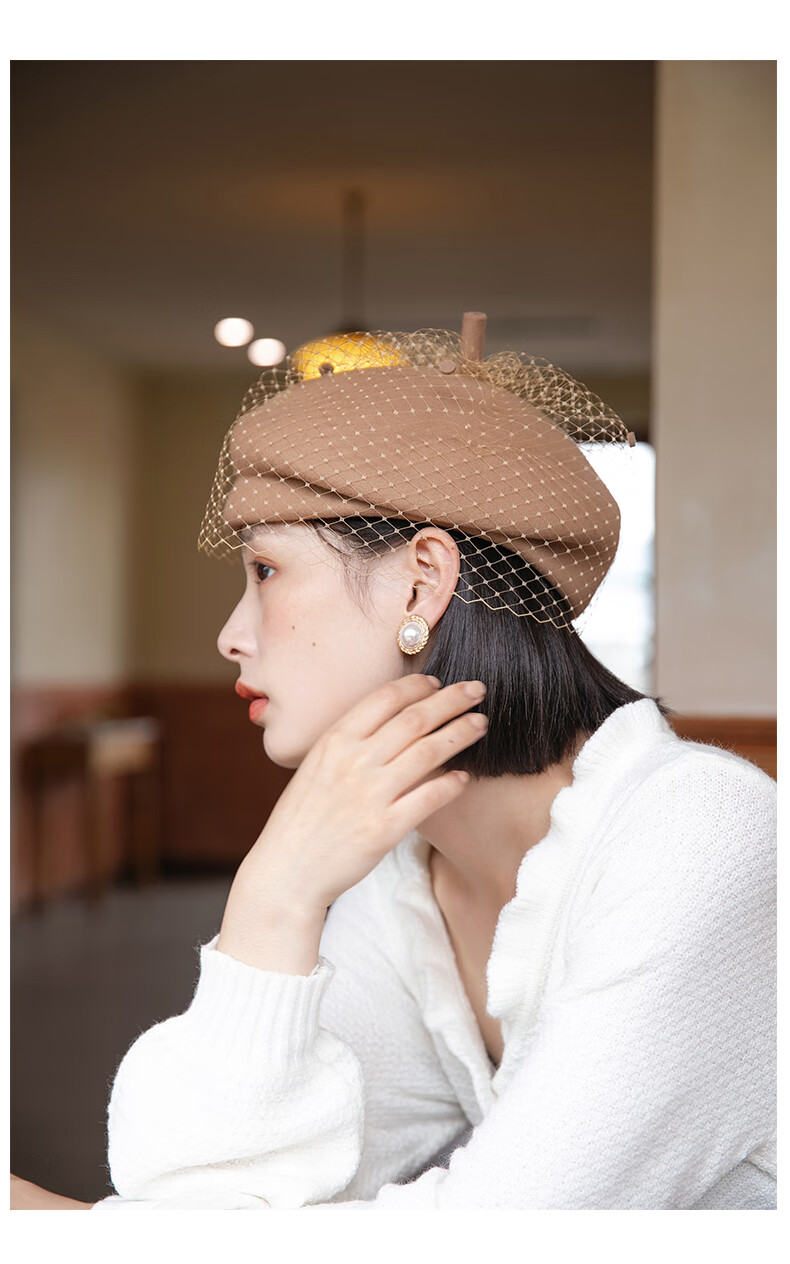 玛芮百利mauropoli秋冬法式礼帽女羊毛呢毡帽英伦复古网纱贝雷帽女士