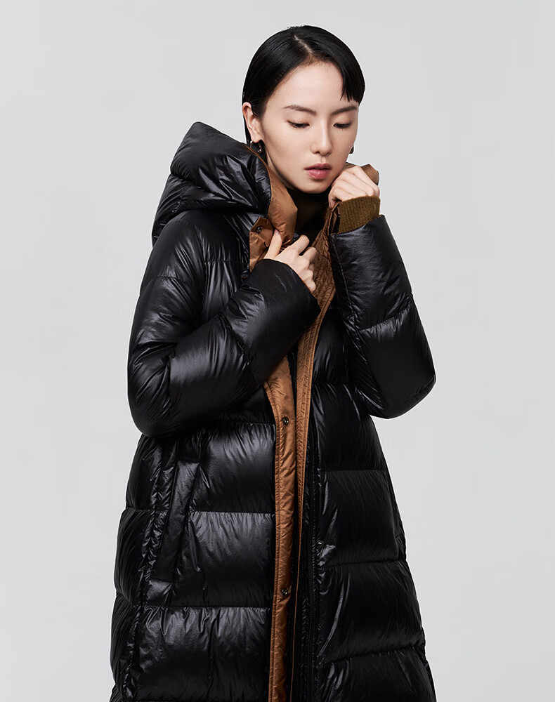 商场同款naivee纳薇2021秋冬新款通勤户外连帽撞色宽松长款羽绒服黑色