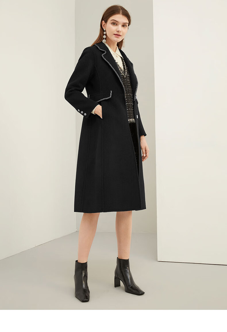 敦奴dunnu2021秋冬新款经典翻领气质镶钻收腰设计长款双面呢 正黑色