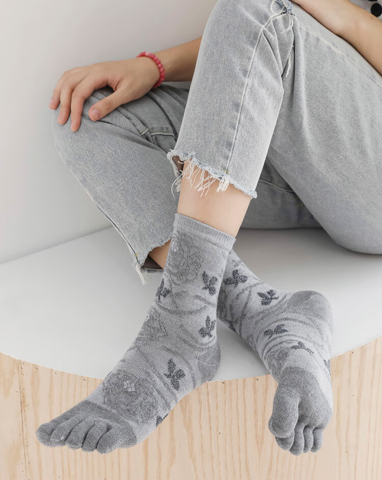 许暮【5双装】兔羊毛五指袜 秋冬中筒保暖森女雕花银点分趾袜松口5趾