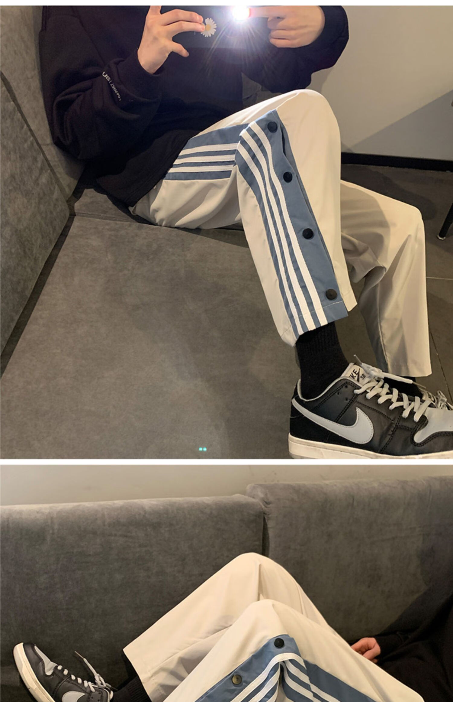 排扣裤男半开夏季侧排扣裤男潮大码宽松9分直筒半开篮球运动裤子男生