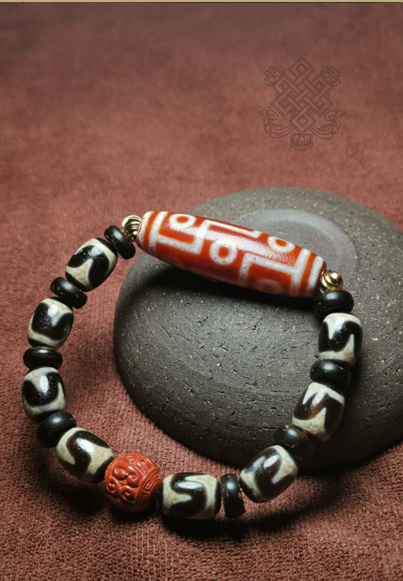 默奢西藏老天珠网红手串血龙纹九眼虎牙佛珠念手链胖九眼虎牙款