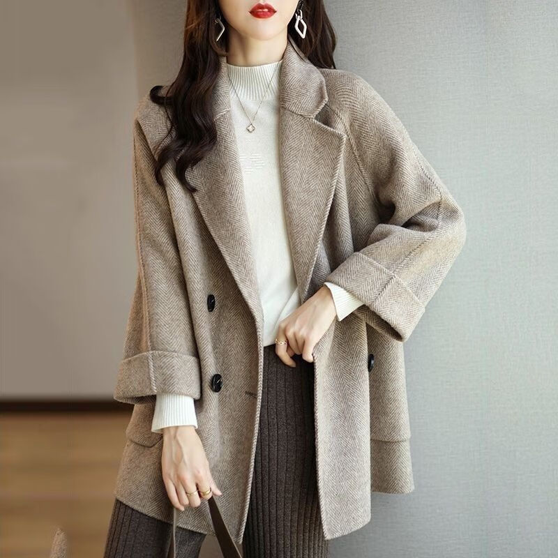 素订女装品牌女王真值秋冬新款洋气高端人字纹呢大衣外套女 粉色 m