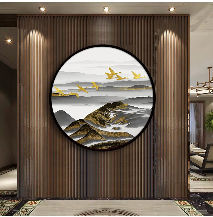 梓朗新中式装饰画圆形玄关挂画禅意山水画餐厅风水壁画客厅墙画茶室