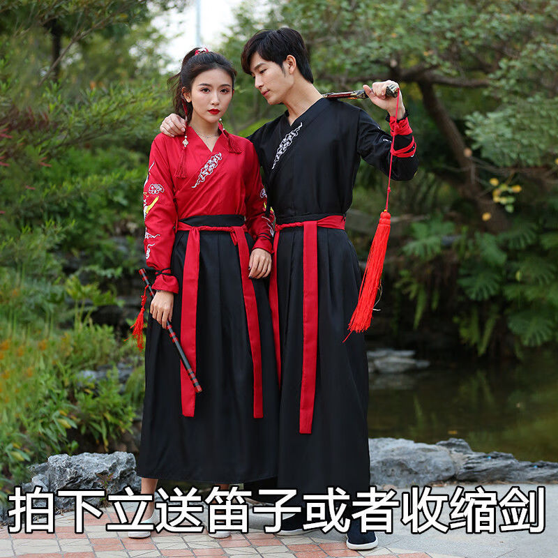 男女秋冬古装中国风情侣毕业照班服日武侠红色上衣裙子腰带收缩剑2xl