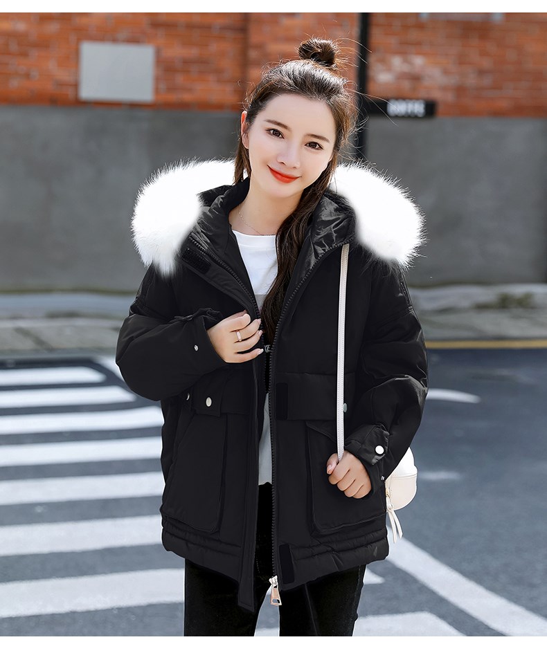 工装棉服女派克服2020新款女冬季百搭加厚大毛领棉衣女ins潮棉袄 黑色