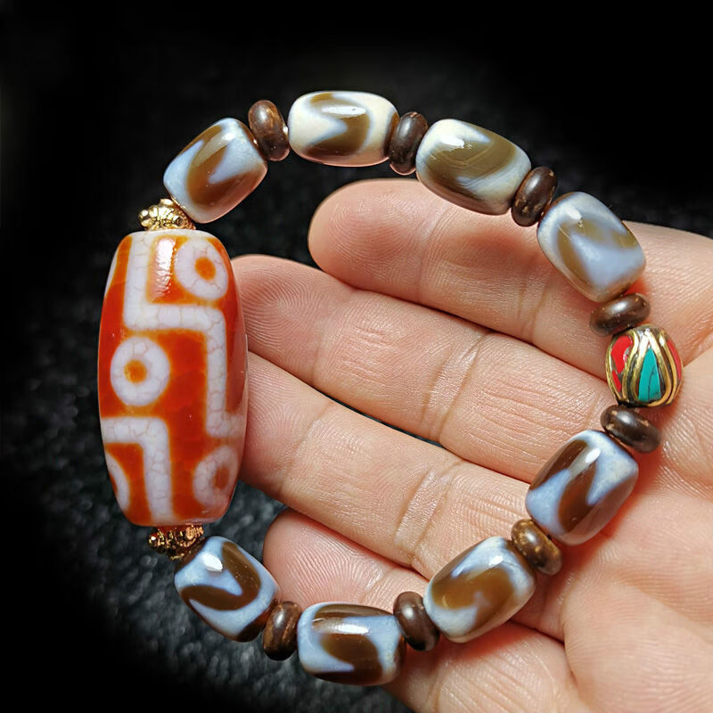 默奢西藏老天珠网红手串血龙纹九眼虎牙佛珠念手链胖九眼虎牙款