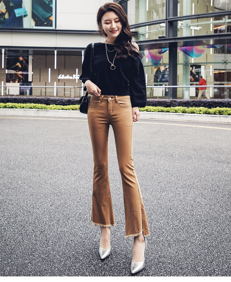 依沐苏 微喇牛仔裤女白色高腰2020春秋季新款韩版开叉修身显瘦百搭