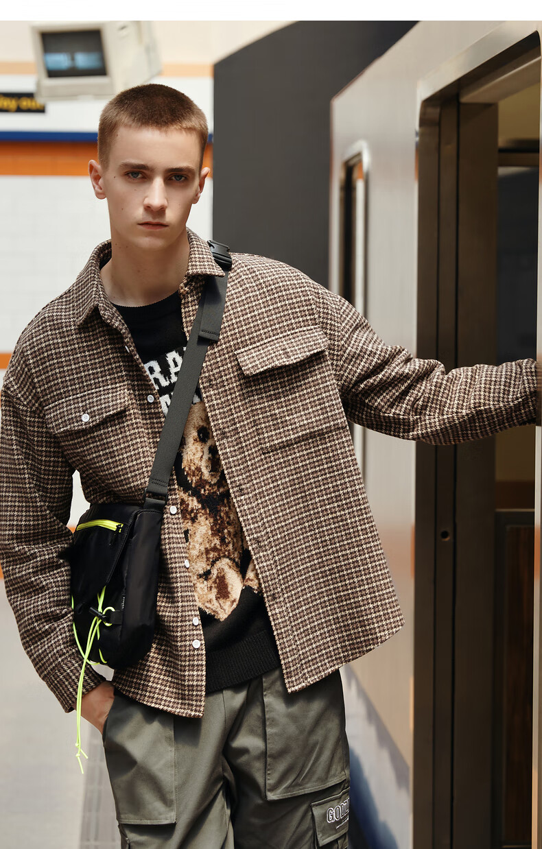 商场同款gxgjeans男装2020冬季新款衬衫男长袖潮流帅气复古千鸟格休闲