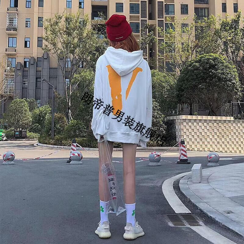 vlone王一博同款3m反光大v连帽卫衣男女高街嘻哈宽松情侣黑 连帽黑绿