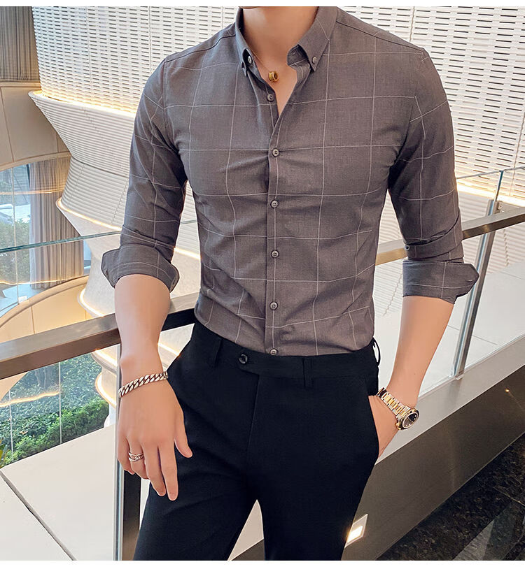 陌芙丝欧衬衫男2021春季新款格子印花翻领衬衣男士韩版修身时尚潮流