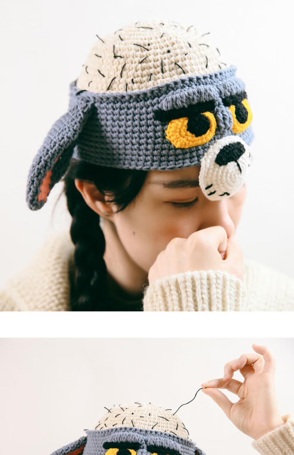 手工毛线编织猫和老鼠秃头焦虑秋冬天玩笑礼物帽子 汤姆秃头帽 l(58