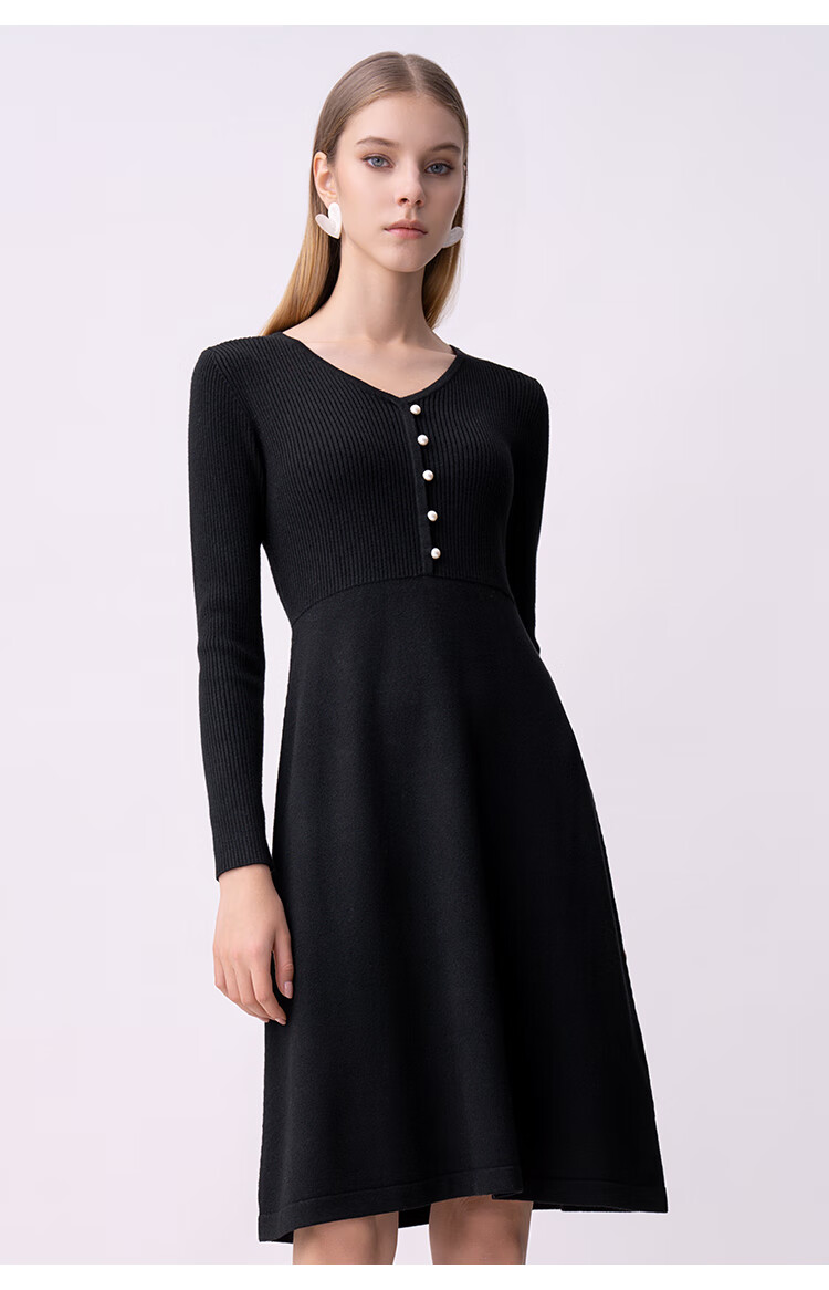 hr赫莲娜女装2022春季新款简约气质百搭打底收腰针织长袖连衣裙女黑色