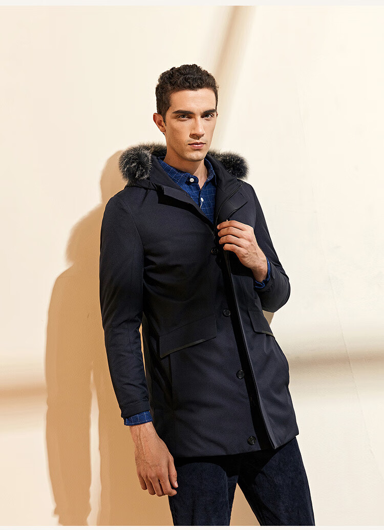 爱迪丹顿aidydanton | 秋冬男士狐狸毛领休闲中长款羽绒服 藏青 46
