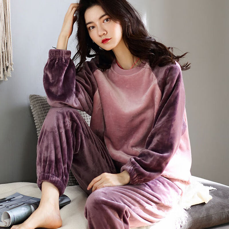 女士秋冬加厚睡衣法兰绒睡衣女秋冬款加绒加厚珊瑚绒套装大码保暖家居