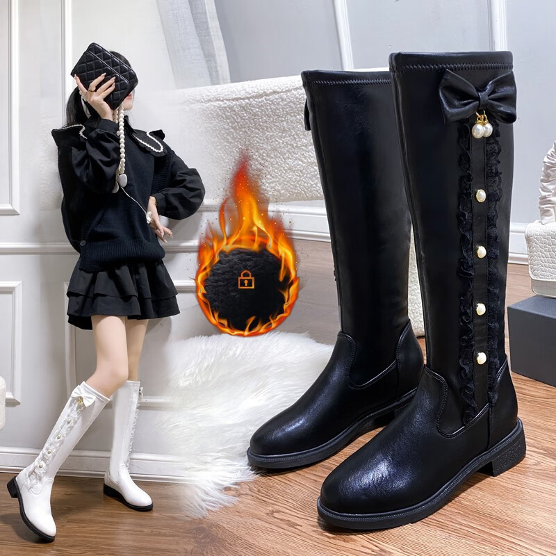 abckids女童鞋子冬季儿童长筒靴软底公主长靴时尚甜美皮面长靴平底