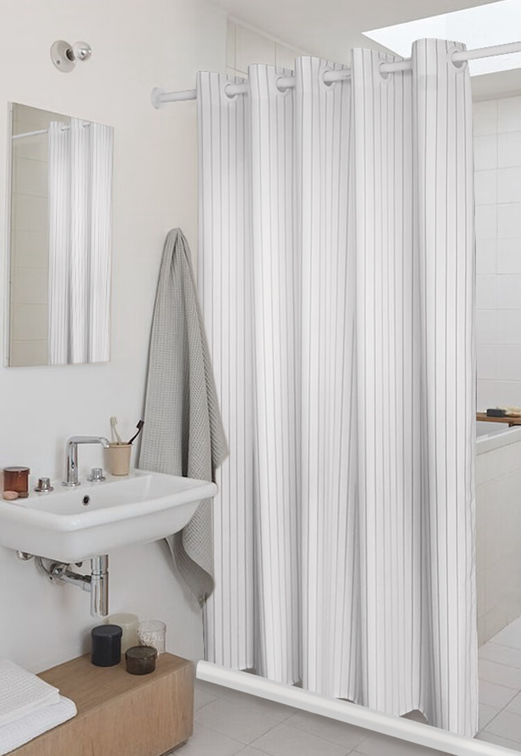 可狄浴帘防水套装免打孔浴室防霉卫生间洗澡间隔断挂帘加厚布日式条纹