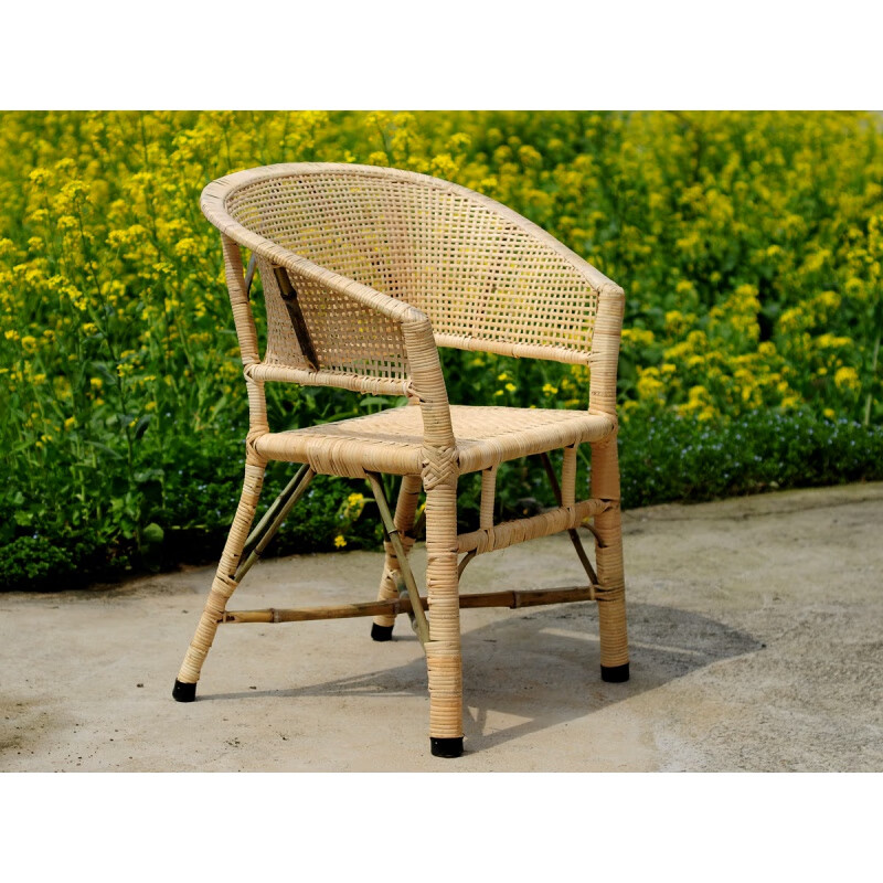 藤椅单人老人田园竹椅植物藤椅子靠背电脑椅家用复古老式结构编织 竹