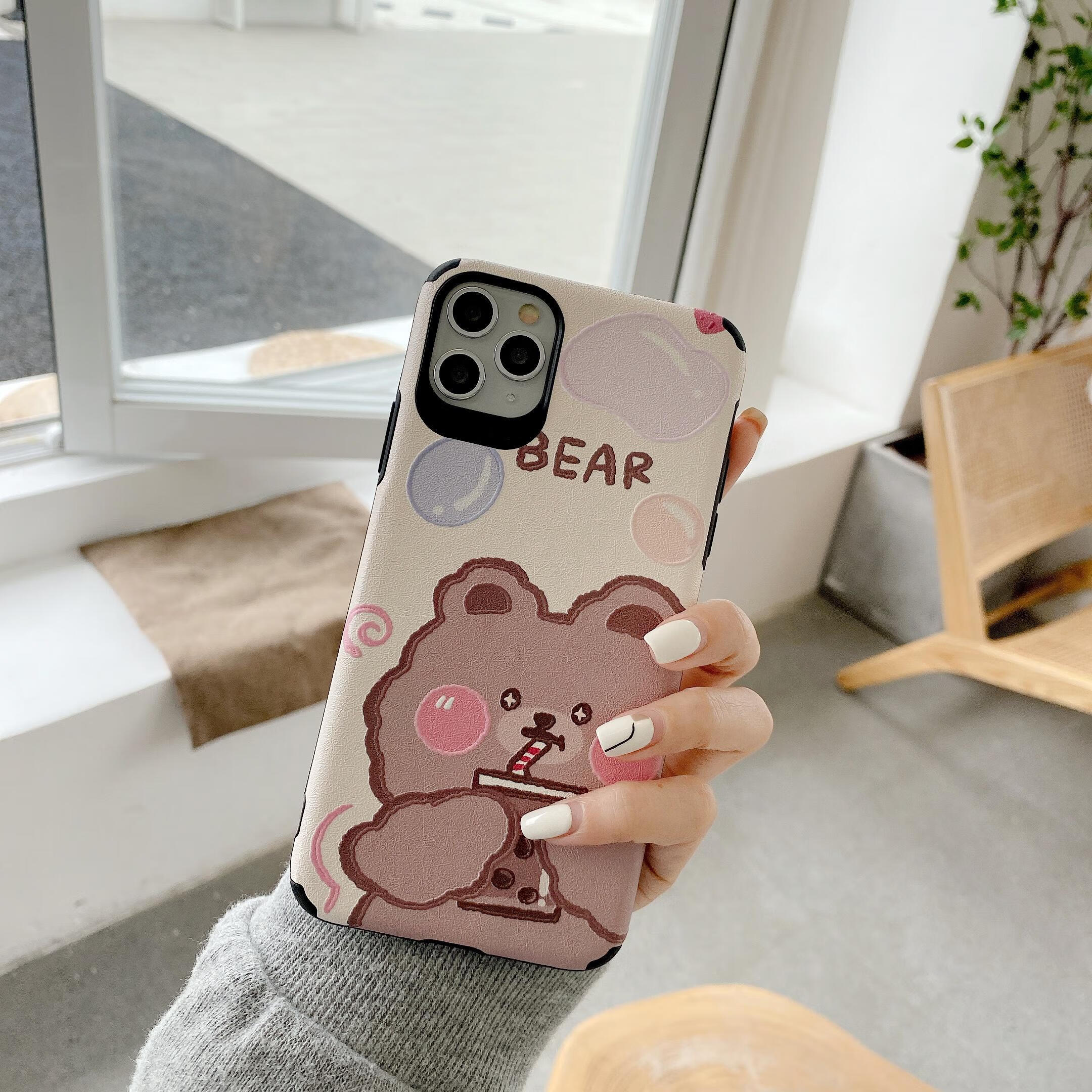 bear可爱奶茶小熊蚕丝纹oppo a5a9手机壳a7xa11xr17卡通reno3创意k3k5