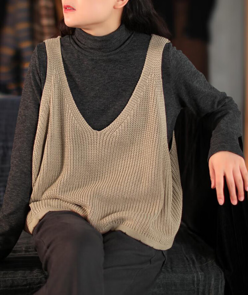 如素慢衣文艺复古宽松v领坎肩棉线针织背心马甲女士秋冬24973 军蓝色